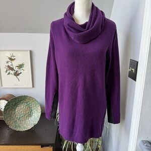 White + Warren Purple Cashmere Sweater Cowl Neck Size Large Long Tunic‎ Luxe